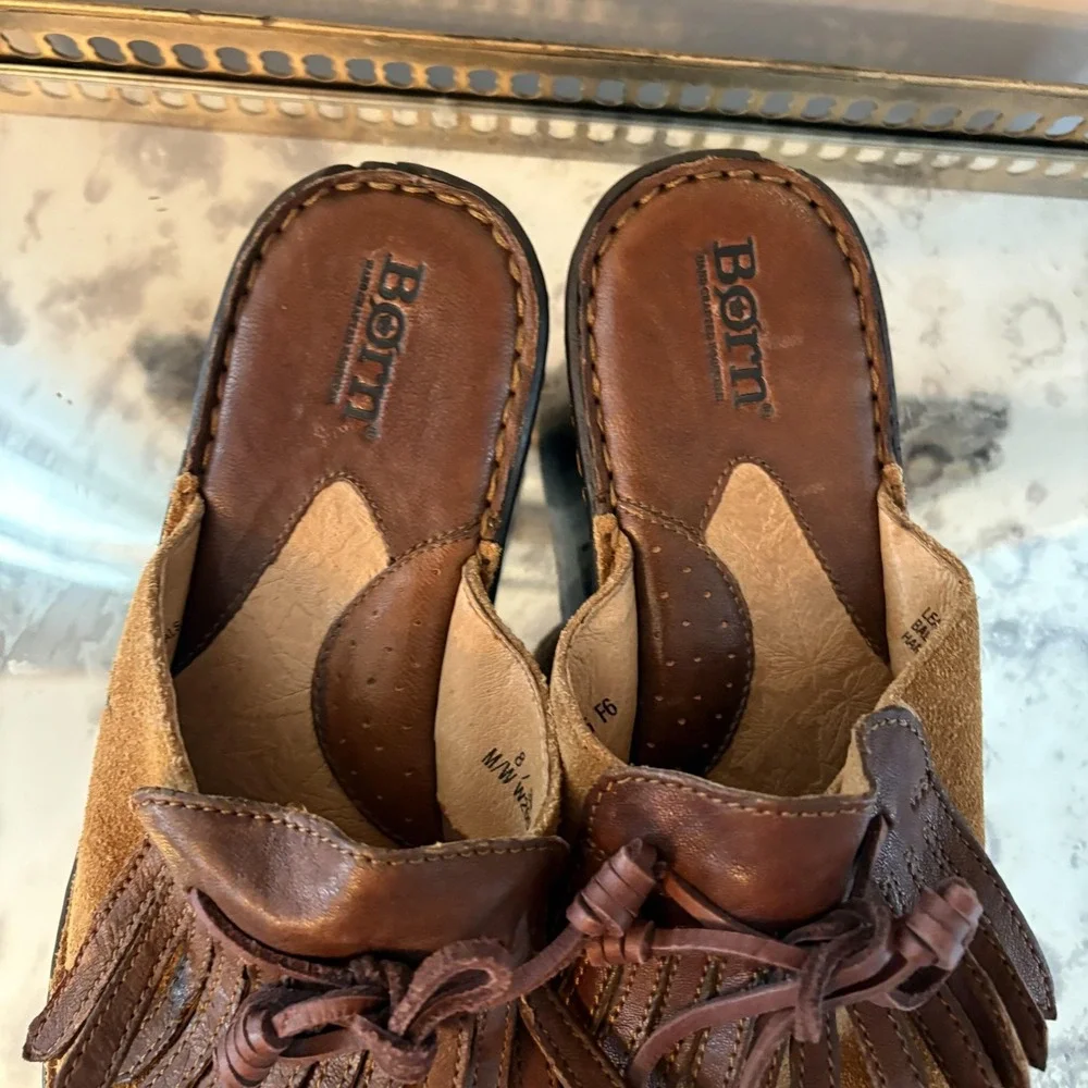 Born Shoes‎ Womens Size 8 Brown Suede Clog Mule Platform Fringe Kiltie W2605 - Picture 3 of 8